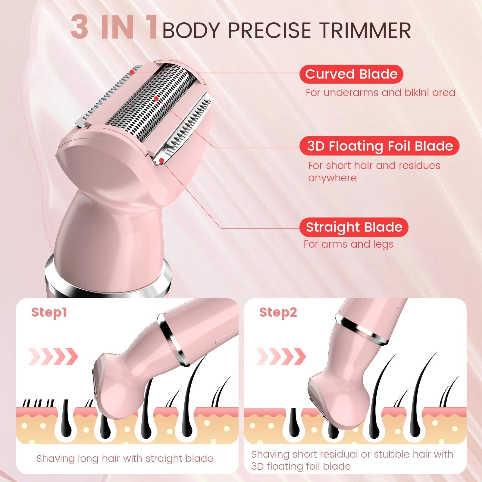 Electric Razor Shaver for Women, 4 in 1 Bikini Trimmer for Women,Cordless Protable Rechargeable Body Hair Removal Kit for Eyebrow Face Nose Legs Underarms and Bikini Line,Pink