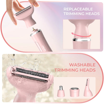 Electric Razor Shaver for Women, 4 in 1 Bikini Trimmer for Women,Cordless Protable Rechargeable Body Hair Removal Kit for Eyebrow Face Nose Legs Underarms and Bikini Line,Pink