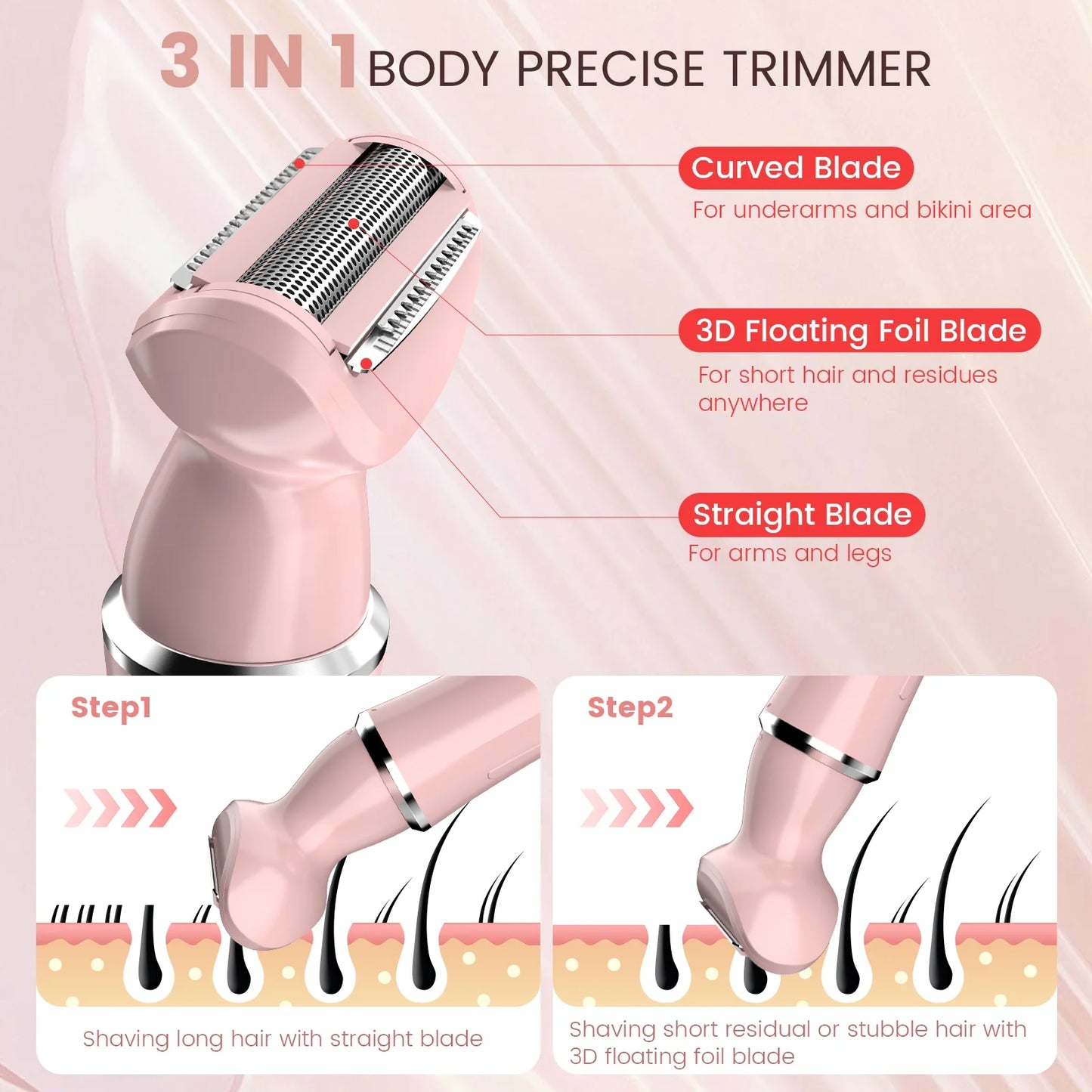 Electric Razor Shaver for Women, 4 in 1 Bikini Trimmer for Women,Cordless Protable Rechargeable Body Hair Removal Kit for Eyebrow Face Nose Legs Underarms and Bikini Line,Pink